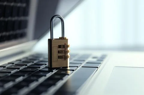 Metal code padlock on laptop keyboard, space for text. Cyber security concept Foto stock
