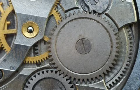 Metal Cogwheels in Old Clockwork, Macro. Stock Photos