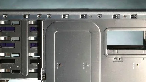 Metal computer case close-up. Computer Accessories Conception. Digital Wall.. Foto stock