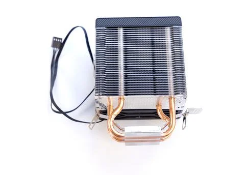 Metal computer processor cooling tower heatsink with copper pipes Foto stock