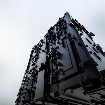 Metal computer surface technology hardware geometric object with sky background Stock Illustration