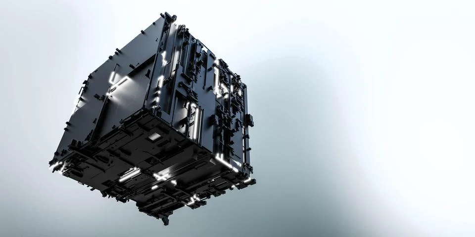 Metal computer surface technology hardware geometric object with sky background Stock Illustration