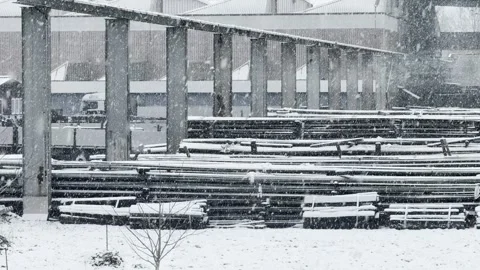 Metal construction material being transported in winter Stock Footage 329179576