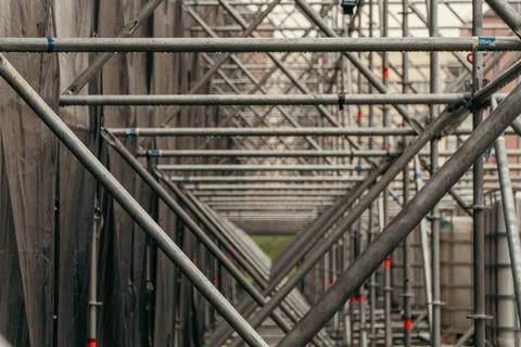 Metal Construction Scaffolding Framework with Diagonal Steel Pipes Stock Photos