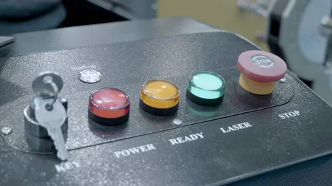 Metal control panel with many lights red button for turning on and emergency off Video stock 167571041