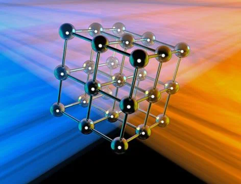 Metal cube molecular structure in orange and blue light rays Stock Illustration