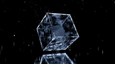  Metal cube is rotating in ice cube on the black background Stock Photos