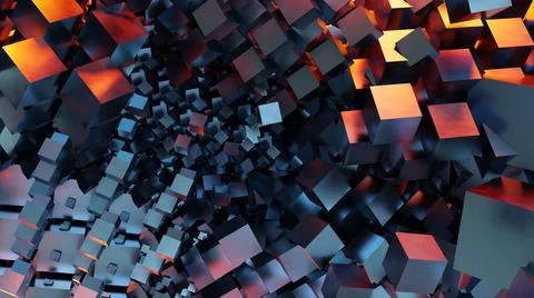 Metal cubes explosion square shapes and red light modern graphic background 3 Stockillustratie