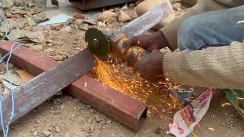 Metal Cutting with Angle Grinder Creating Sparks Видео 326483232