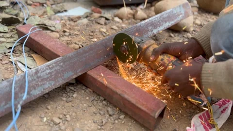 Metal Cutting with Angle Grinder Creating Sparks Stockbeeldmateriaal 326483252
