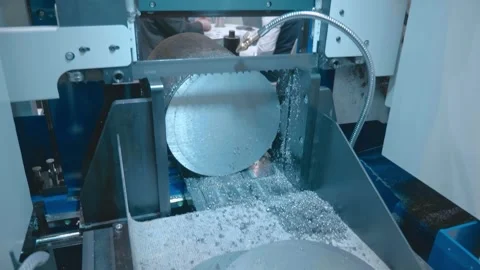 A metal cutting machine cuts large metal part with saw cooled by cutting fluids 库存影片 333388360