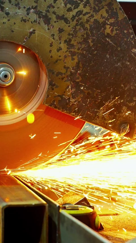 Metal cutting process creates sparks in workshop setting Stock Footage 300347185