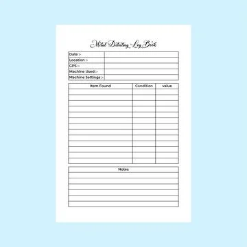 Metal detecting notebook KDP interior. Digging work location and item infor.. Stock Illustration