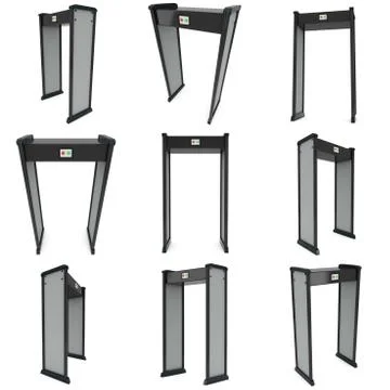 Metal detector scanner set. 3D render isolated on white. Illustrazione stock