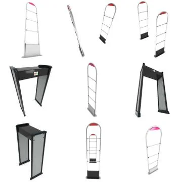 Metal detector scanner set. 3D render isolated on white. Illustrazione stock