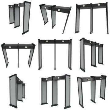 Metal detector scanner set. 3D render isolated on white. Illustrazione stock