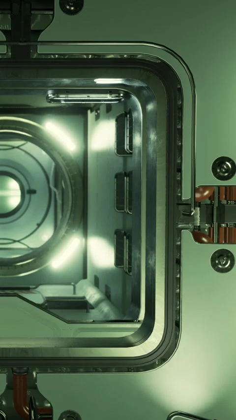 Metal door connection with light and round design in a futuristic setting Stock Footage 337971672