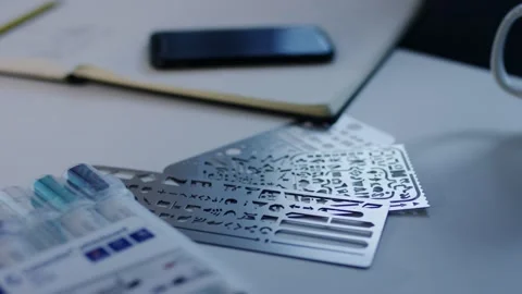 Metal Drawing Stencil With Smartphone And Notebook On Desk, Creative Workspace Stock Footage 341452068