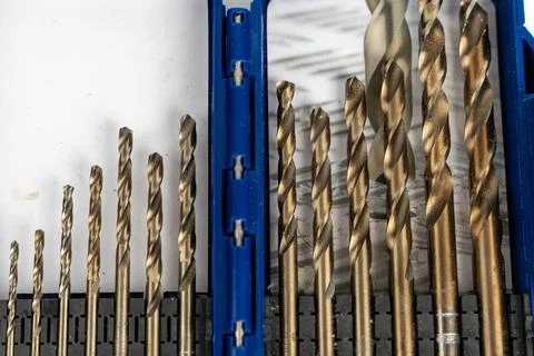 Metal drill bits set for carpentry and diy projects Stock Photos