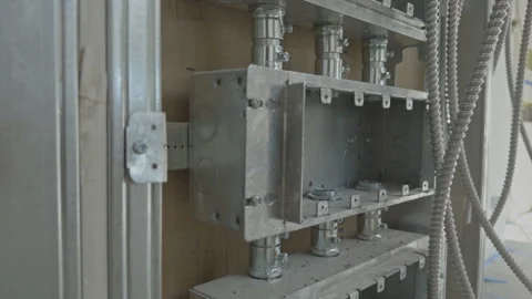 Metal Electrical Junction Boxes and Conduits Mounted on Wall During Construction Stock Footage 337439819