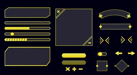 Metal elements and frames for games. Neon elements for games, frames and buttons Stock Illustration