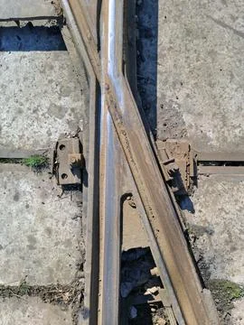 Metal elements of rail system, crossing, intersection Stockfoto's