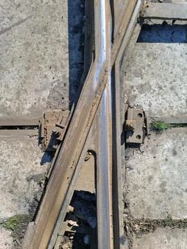 Metal elements of the rail system, crossing, intersection Stockfoto's