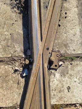 Metal elements of tram rail system, crossing, intersection Stock Photos