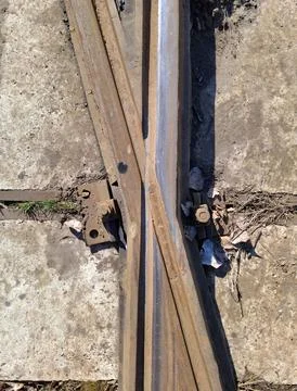 Metal elements of tram rail system, crossing, intersection Stockfoto's