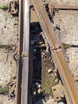 Metal elements of the tramway rail system Stock Photos