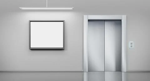 Metal elevator with closed door and ad blank billboard or hang LCD screen on Illustrazione stock