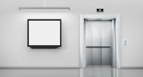 Metal elevator with open door and ad empty billboard or hang LCD screen on wall Stock Illustration