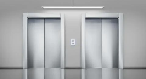 Metal elevators with closed cabin doors in hallway. Interior empty office lobby Illustrazione stock