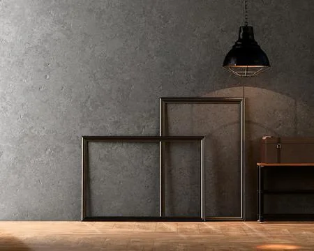 Metal empty painting frames with concrete wall and wooden floor 3d render Stock Illustration