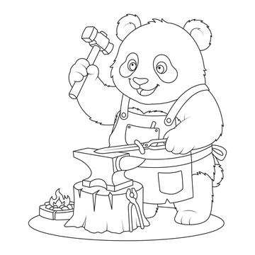 Metal forge cute bear hammer tool vector page blacksmith panda coloring pag.. イラスト素材