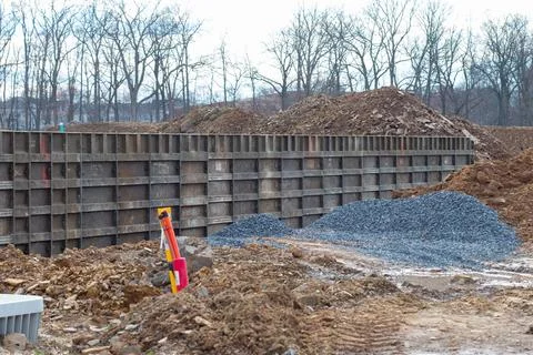Metal foundation formwork with fence posts steel formwork with crutches for.. Stock Photos