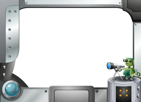 A metal frame border with a robot and a telescope Illustrazione stock
