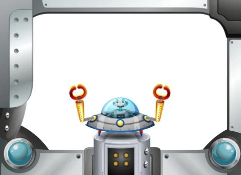 A metal frame border with a robot inside a saucer Illustrazione stock