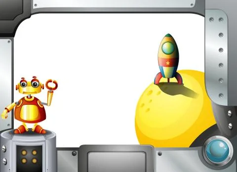 A metal frame with a robot and a rocket Illustrazione stock