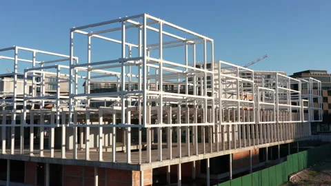 Metal framework on the construction site of modern architecture office building Stock Footage 151734418