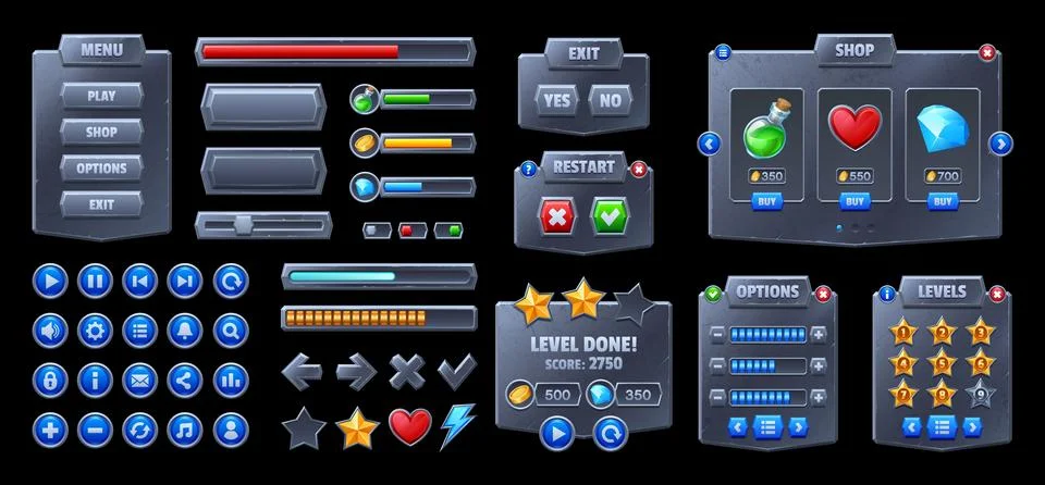 Metal game interface, game ui assets and icons set Stock Illustration