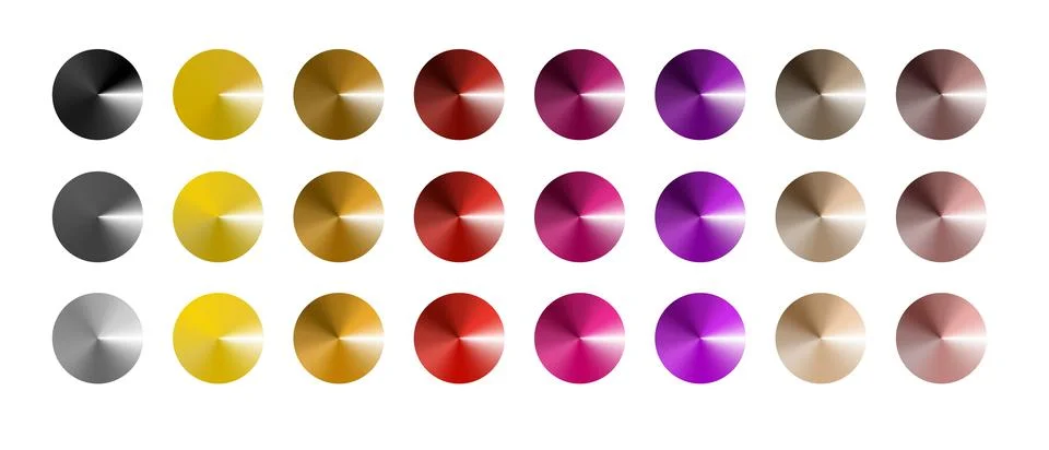 Metal gradient. Multi colored radial gradient set. Collection of shiny foil in Ilustración de archivo