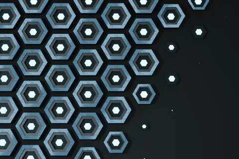 Metal hexagon background, sci-fi pattern, 3d rendering. Illustrazione stock