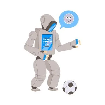 Metal Humanoid Robot Machine with Limbs Playing Football Vector Illustration Stock Illustration