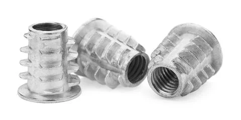 Metal insert nuts isolated on white. Hardware tool Stock Photos
