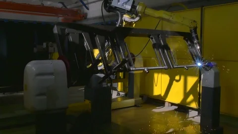 Metal iron laser argon welding robot in factory. Stock Footage