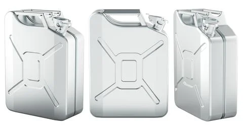 Metal jerry cans set. Three steel fuel containers, different views. 3D rend.. Illustration