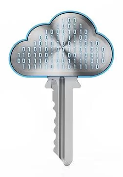 Metal key with cloud shape and binary code on top. Cloud computing concept... 스톡 사진