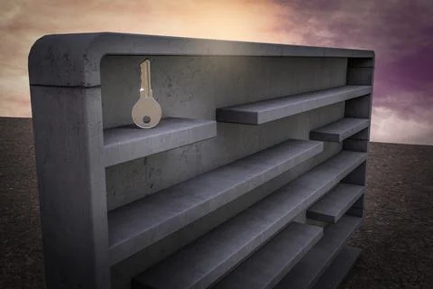 Metal key inside a maze at sunset magenta sky demonstrating Real estate compl Illustrazione stock