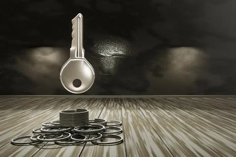 A metal key in the shape of rocket rising up into the sky on wooden blocks Stock Illustration